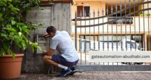 A technician is checking panel on Automatic Gate System.