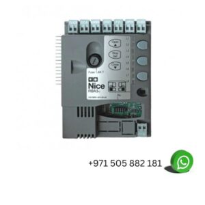 A grey electronic device (nice rba3 control board for sliding gate motor) with buttons and wires