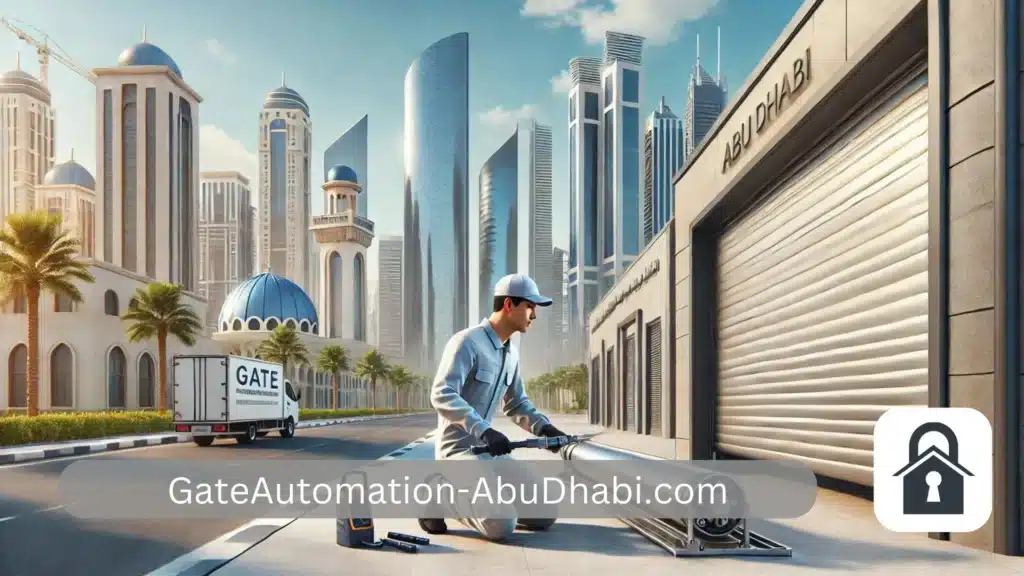 Roller Shutter Repair in Abu Dhabi 1 1 A scene showing a professional technician repairing a roller shutter in an urban Abu Dhabi setting