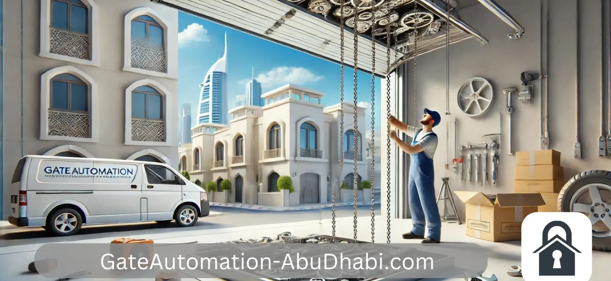 Garage Door Chain Repair in Abu Dhabi 1 14. a technician repairing a garage door chain mechanism, with a focus on the chain system
